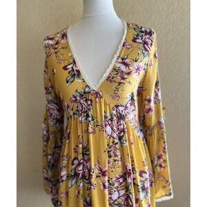 On The Road Womens Yellow V Neck Fit & Flar Garette Floral Dress Size L $120